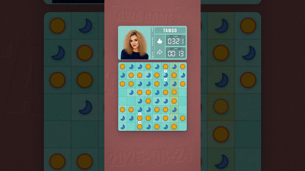 LinkedIn Tango #321 solved board for August 24, 2025, 8x8 grid