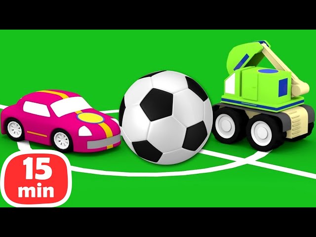 Jogo de futebol com os quatro carros coloridos. Desenho animado