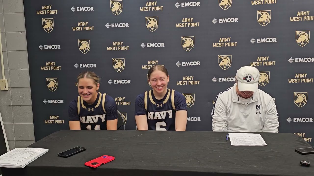 NAVY Coach Tim Taylor, Players 11 Zoe Mesuch, 6 Julianna Almeida post 54 -51 Win at Army on 2-21-26