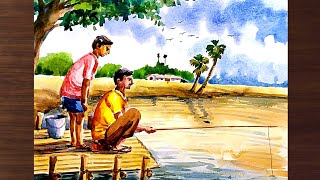 Village fishing scenery drawing step by step with watercolour/How to draw a fishing man