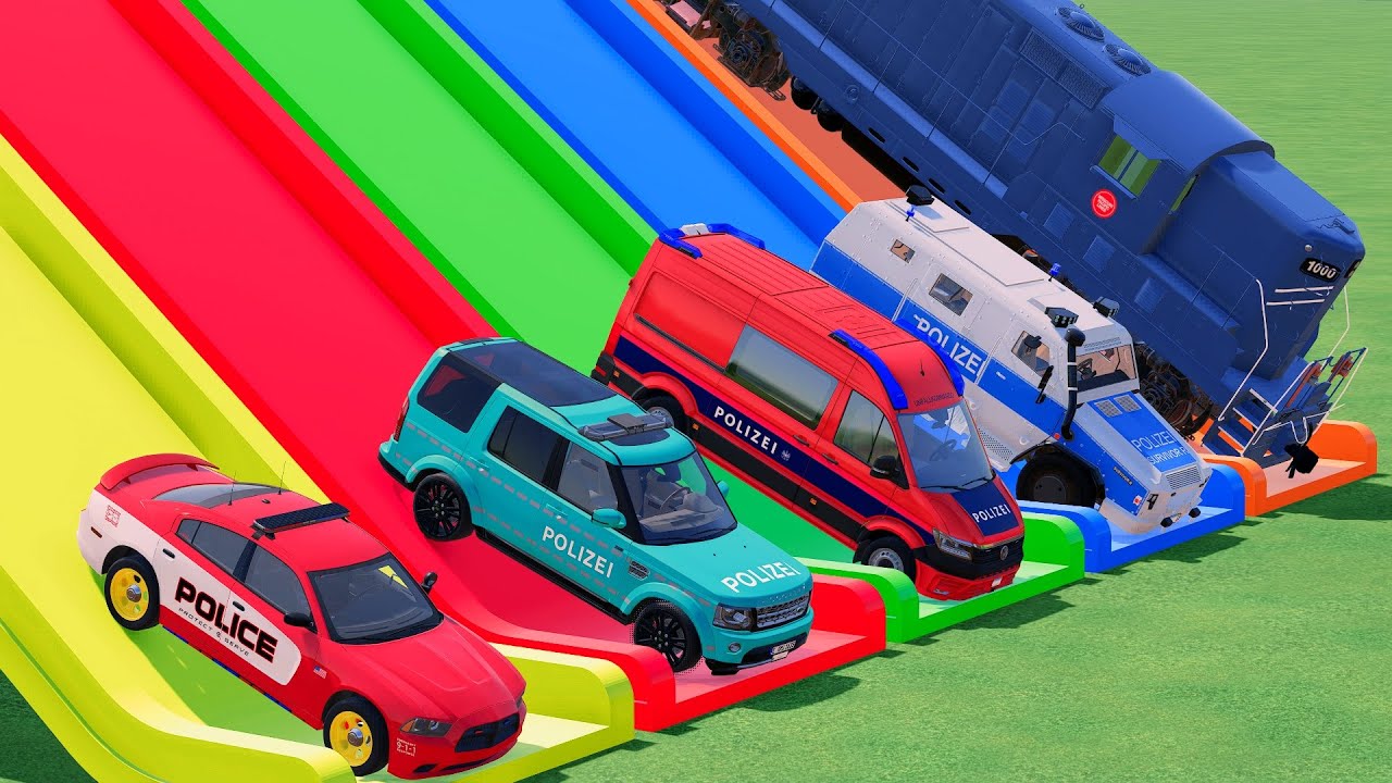 Colors Ambulance, Police, with Monster Truck wheels Slide Color vs Stairs  BeamNG Drive FS22