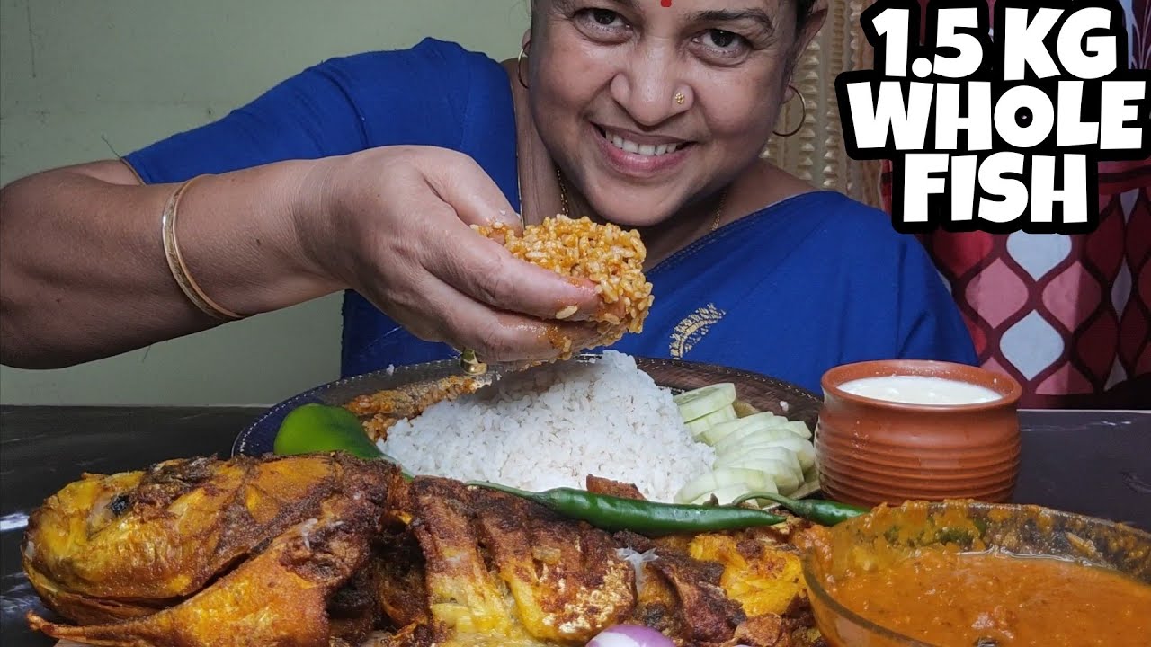 1.5 KG WHOLE FISH FRY,EXTRA FISH GRAVY,SALAD,CURD WITH RICE MUKBANG
