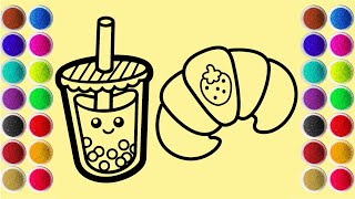 Coloring Boba Drink and Croissant Using Colored Sand Sand Painting Coloring Page