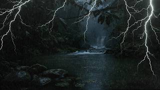 Heavy Rain and Thunder in a Dark Jungle Waterfall at Night (No Ads) Perfect for Deep Sleep Tonight