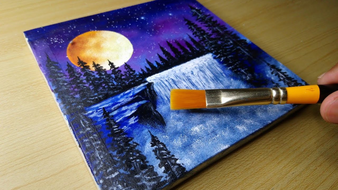 Moonlight Waterfall | Acrylic Painting Techniques for beginners