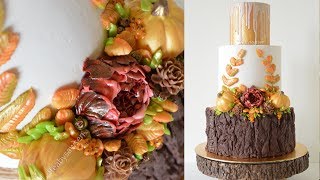 Autumn Buttercream Flower wreath Wedding cake decorating tutorial - with chocolate tree stump cake