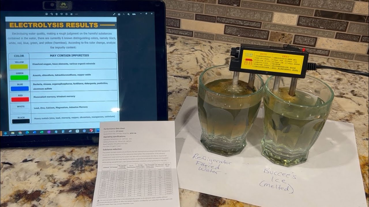 Water Electrolysis Test Refrigerator Filter vs Buccee's Ice (melted to