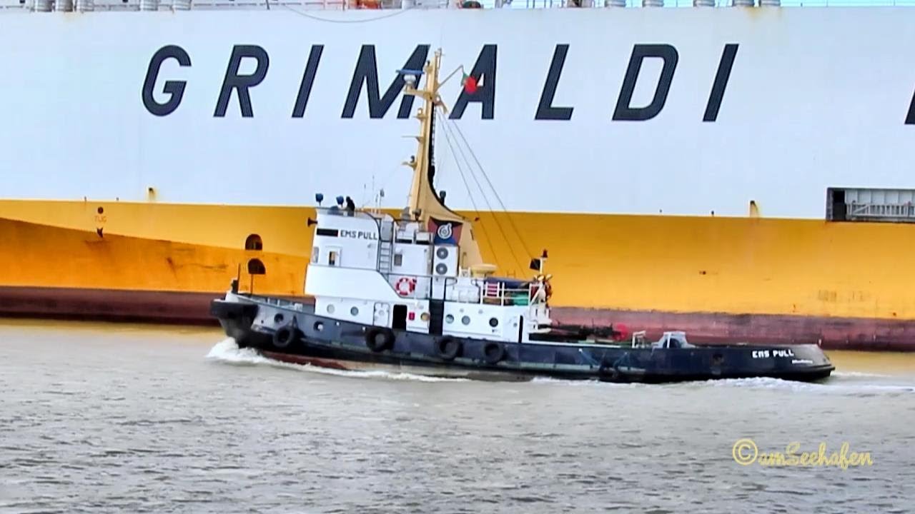 Tug EMS PULL CQJD IMO 7017909 Emden Schlepper passing GRANDE ITALIA  IBTF IMO 9227912