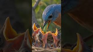 A close up wildlife scene of a mother blue bird feeding three hungry baby birds in a cozy nest, soft