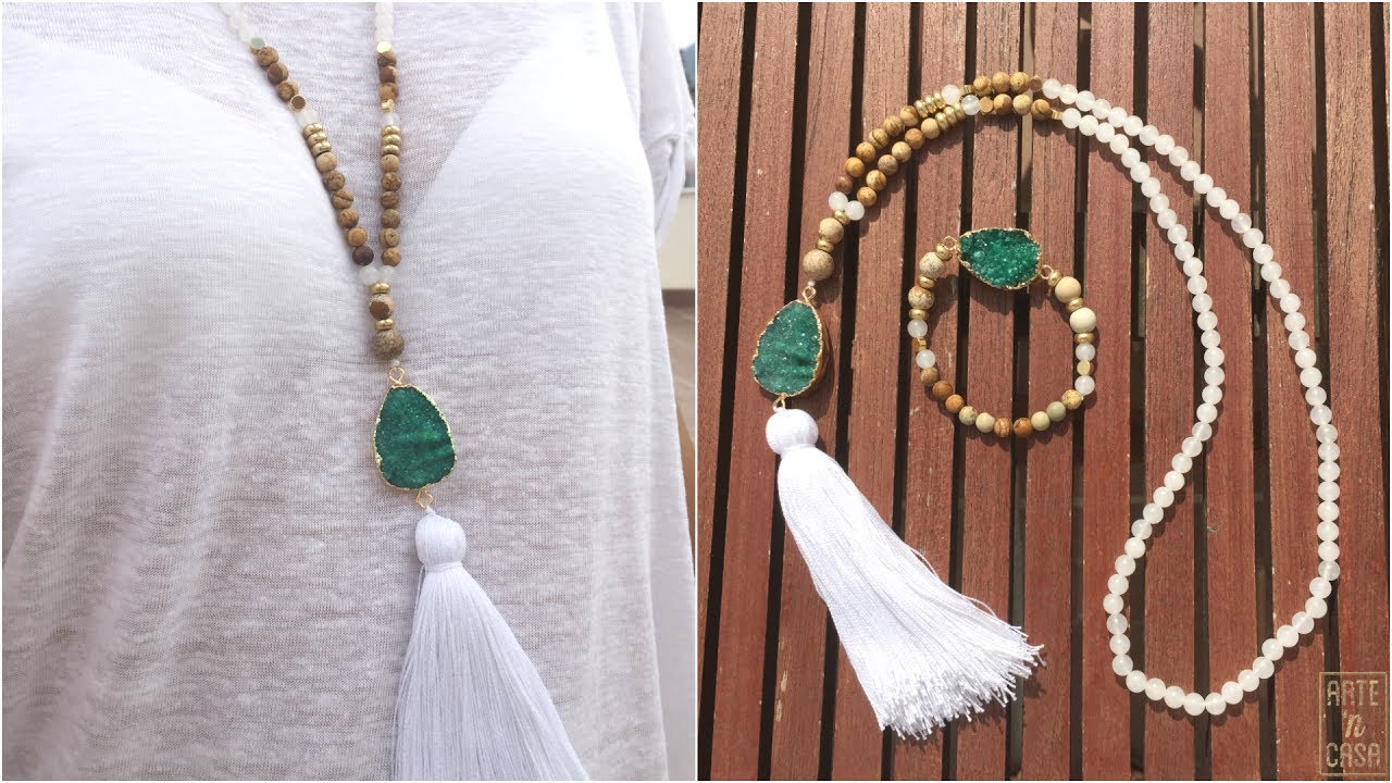 Collar y pulsera de cuentas jade blanco y jaspe, druzy turquesa y borla blanca