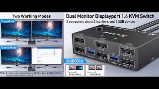 KCEVE Dual Monitor Displayport 1.4 USB 3.0  KVM Switch Support 4K@120Hz