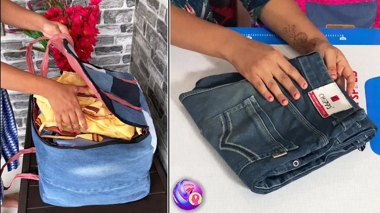 How to sew large boxes tutorial from old jeans - YouTube