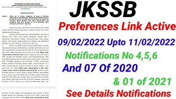 JKSSB PREFERENCES Link Active Notifications No 4,5,6,And 7 Of 2020 & 01 of 2021 See details