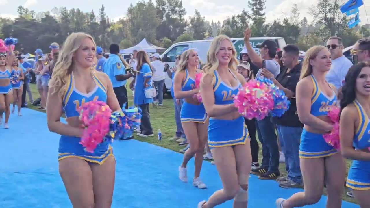 UCLA Cheerleaders Walk before Penn State Game 10.4.25 Rose Bowl Stadium 