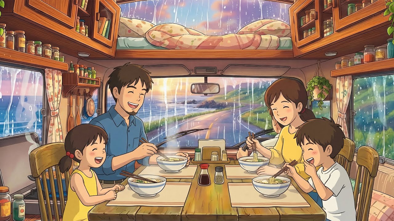 A Rainy Day in Our Mobile Home: A Heartwarming Journey With Family | Ghibli-Style Video
