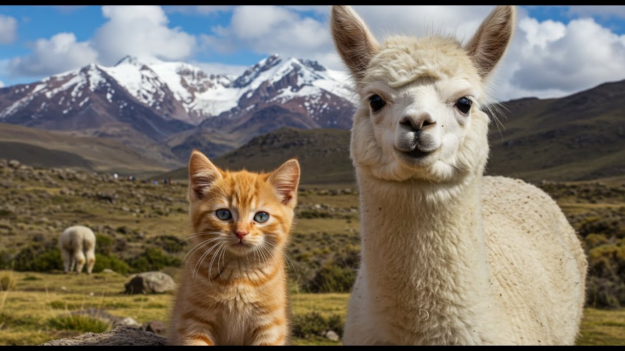 Mama Cat Cares for Sick Alpaca with Love – – Kitten plays soccer with him  🐾 ⛰️ 🐾