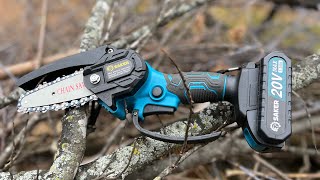 Trimming trees with a Saker Mini Electric Chainsaw