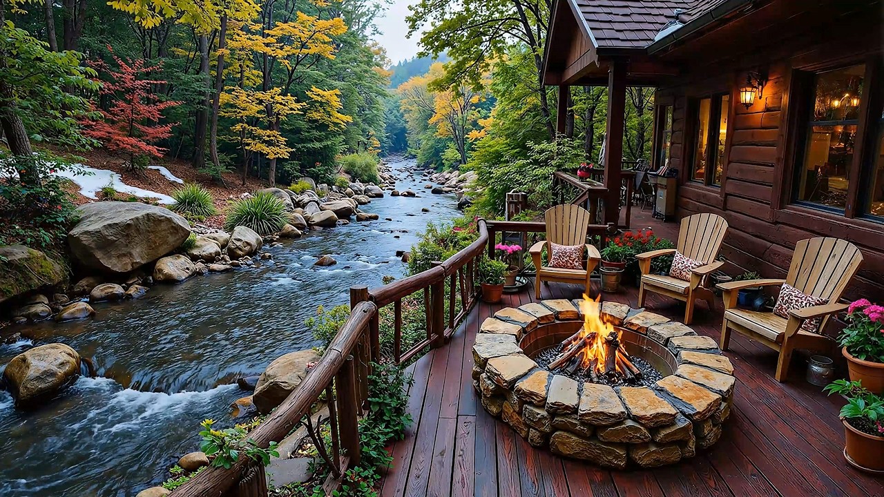Calming Piano Music with Spring Forest Riverside 🌿🔥 Crackling Fire pit & Nature Sounds Ambience