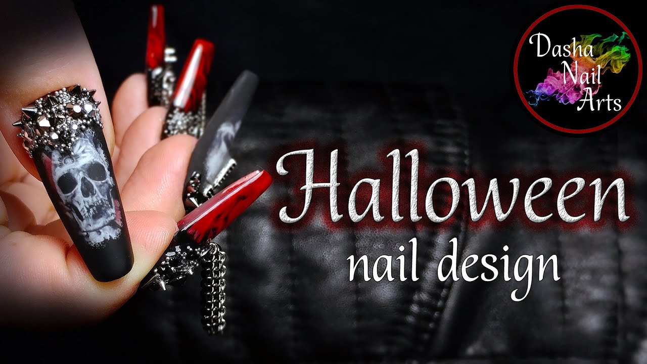 Halloween Nail Design Gloomy And Brutal With Skulls Spikes And Chains Arched Nails Correction Youtube