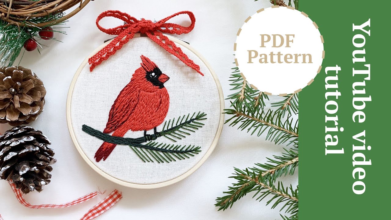 Christmas red cardinal bird embroidery. X-mas tree embroidery decoration. Новогодняя вышивка птичка.