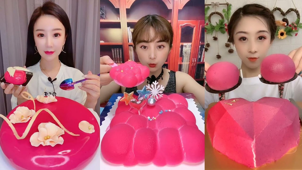 🌺 PINK Mousse Cake Mukbang 무스 케이크 먹방 || Eating Sounds