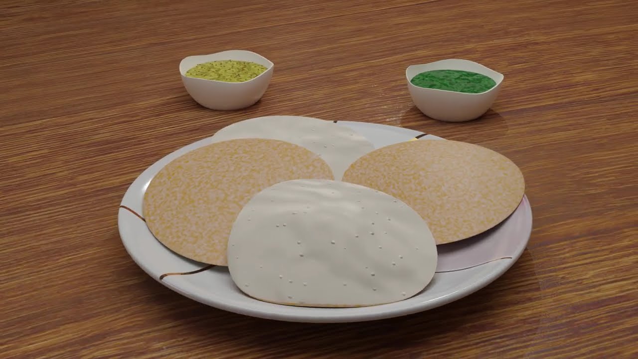 Realistic 3D Animation: Rice Cake with Kashundi and Mint Chutney | Blender Render