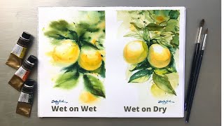 Watercolor Painting -Difference WET ON WET vs WET ON DRY Technics- Oranges-Tutorial Step by Step.