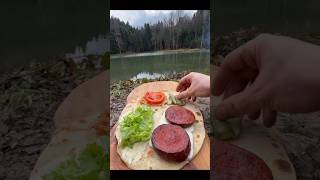 Doğal Taş üstünde Sucuk Lavaş Burger Cooking Sucuk Burger on Natural Stone#village #challenge #anime