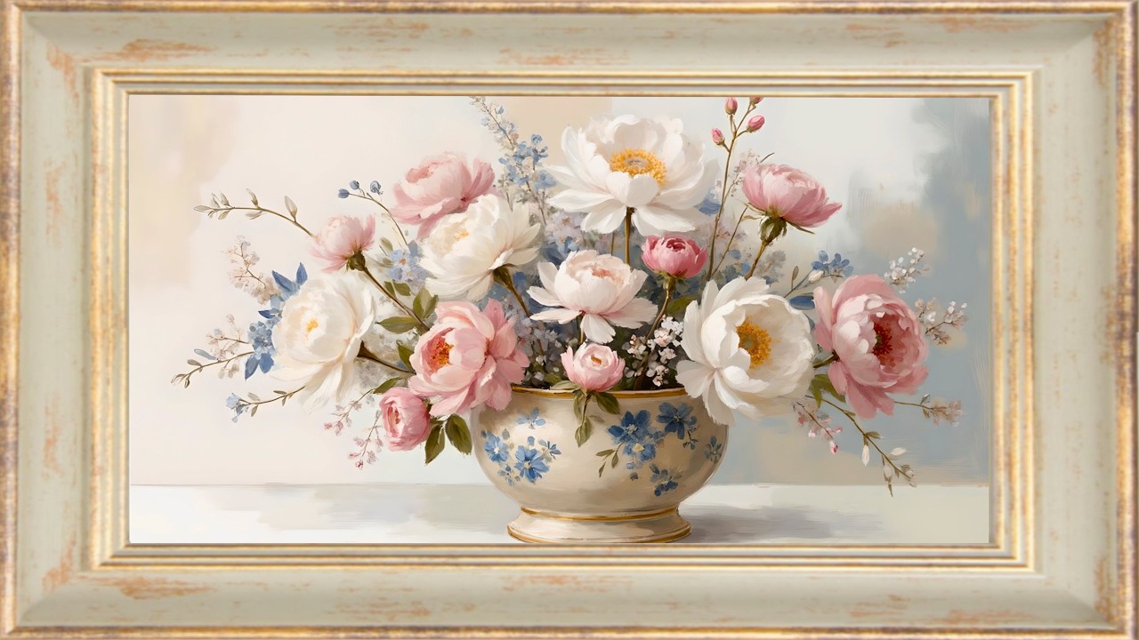 Peonies in Chinoiserie Bowl | Cottage Core Frame TV Art