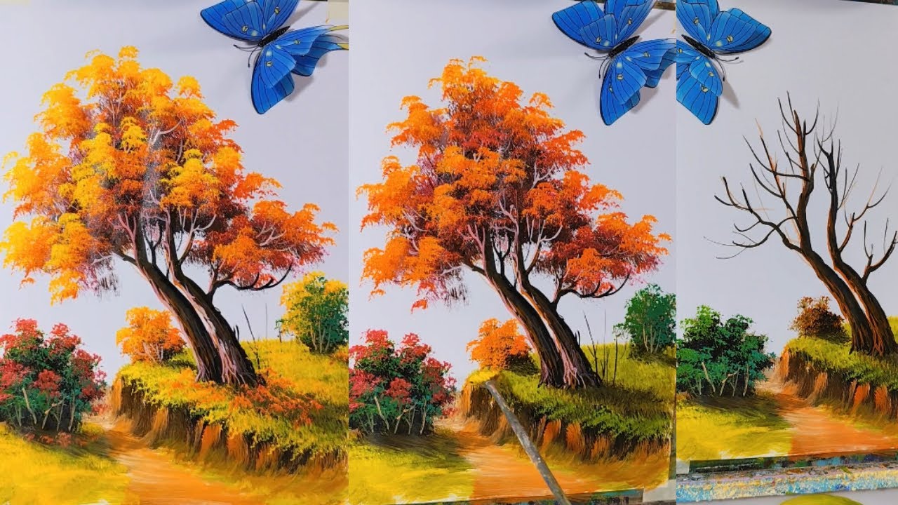 Golden Autumn Tree Landscape with Blue Butterfly 🦋🍂 | Acrylic Painting Tutorial