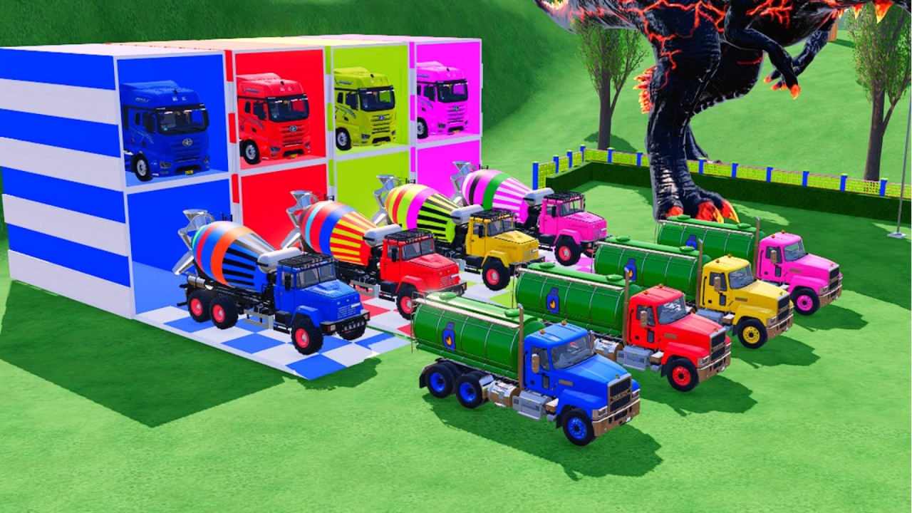 TRANSPORTING ALL THE COLORFUL MIXER TRUCKS, MACK GAS TRUCKS, WITH FAW J TRUCKS TO THE GARAGE