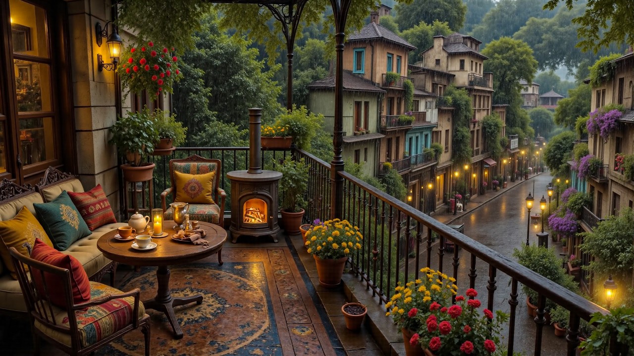 Old Florence Village at Rainy Balcony Coffee | Positive Jazz Music For Relaxing Ambience and Study