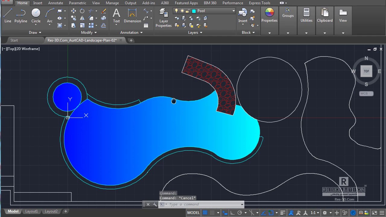 03. رسم حمام السباحة - تصميم مخطط لاند سكيب على الأوتوكاد AutoCAD Landscape Plan