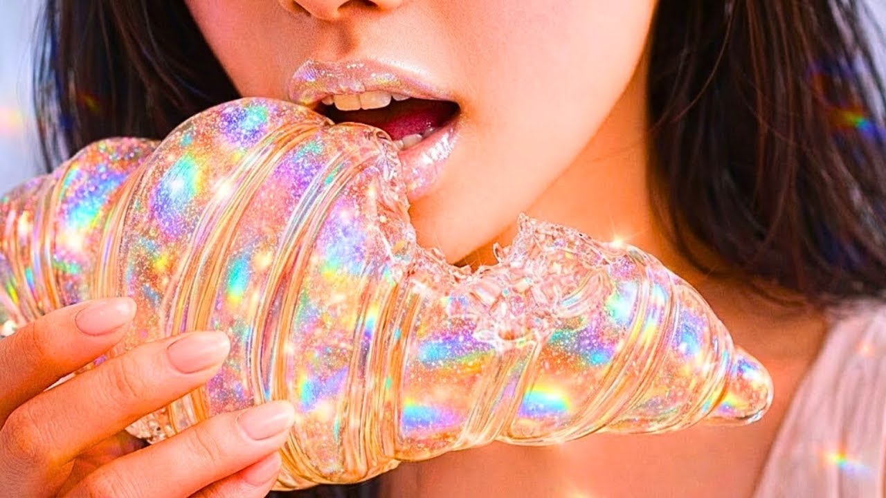 ASMR 輝くガラスクロワッサン作り🥐🍓 イチゴ＆チョコソースの透明デザート | Pearlescent Glass Croissant ASMR Eating ✨