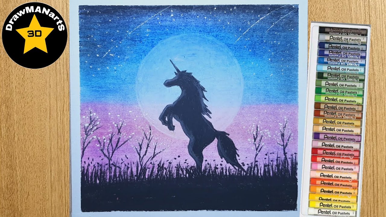 Easy oil pastel drawing unicorn moonlight step by step very easy