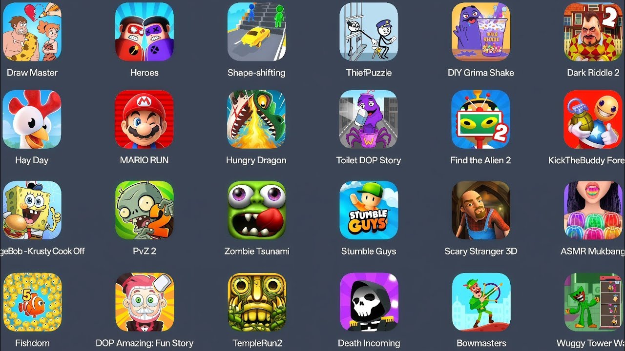 Grimace Monster Scary Survival,Thief Puzzle,Bowmasters,Temple Run2,Super Mario Run,Kick The Buddy