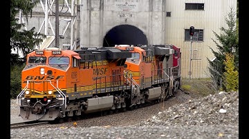 BNSF Diesel trio emerge from Cascades tunnel west portal at Stevens Pass in Washington State
