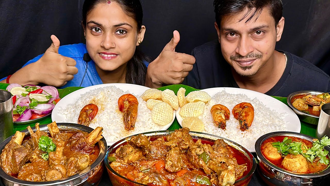 Kadai Chicken Mutton Kosha Egg Curry Prawn Curry With Rice Salad Papad Eating Mukbang With Bhai