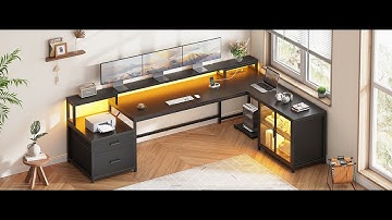 SEDETA 78.7 Inch L Shaped Gaming Desk with LED Light Computer Desk with Drawers Power Outlet Shelves