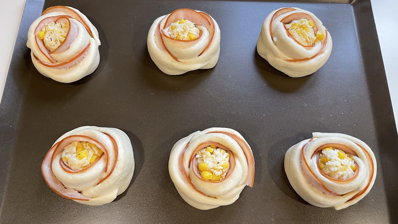 火腿玉米起士麵包｜玫瑰造型整形手法分享｜Ham & Corn Cheese Buns｜ハムとコーンのチーズパン