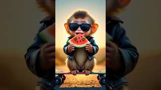 “Virtual Monkey Eats Watermelon Pizza on Skateboard 😱 | AI Monkey Summer Vibes 🍉🛹”