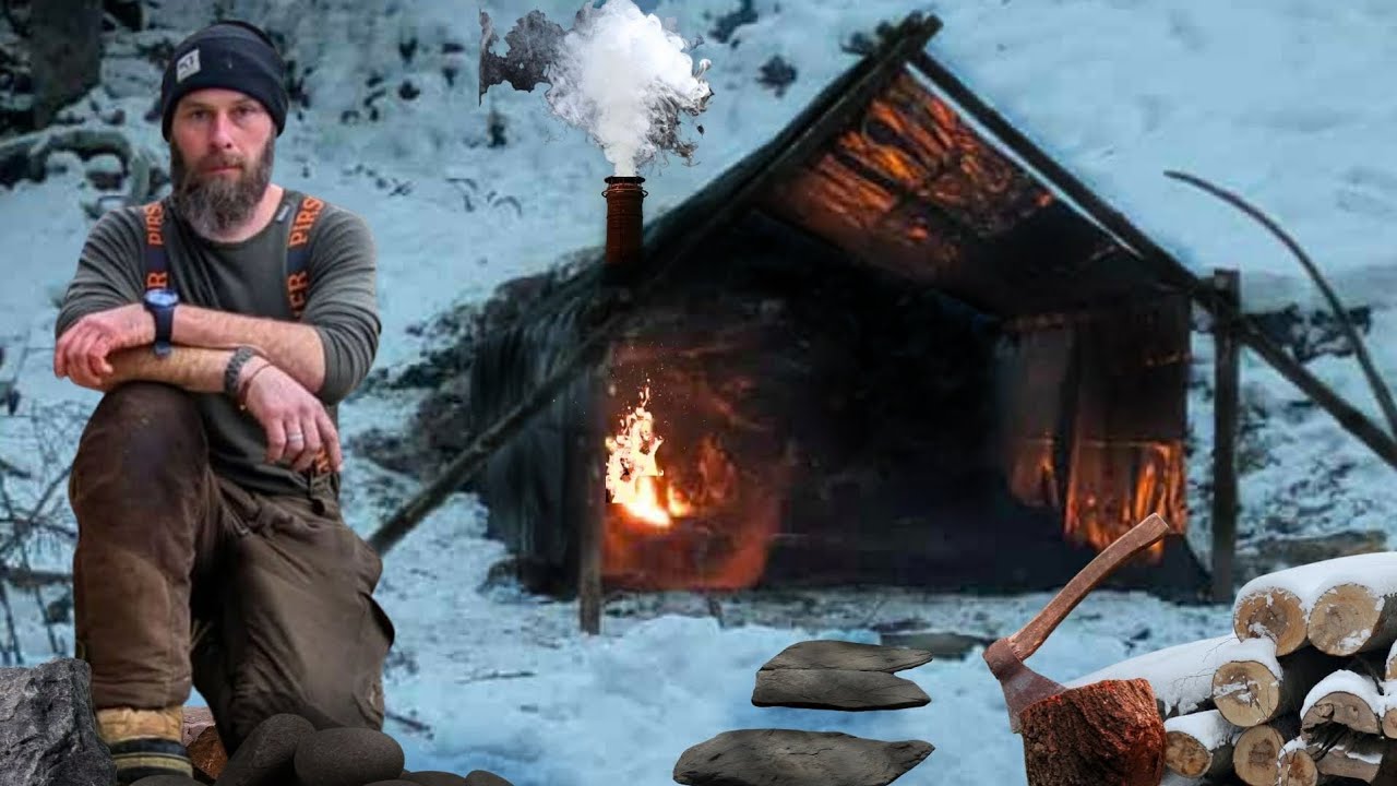 Winter Bushcraft Shelter & Building an Inside Fire Place | –15°C Solo Winter Camping with My Dog