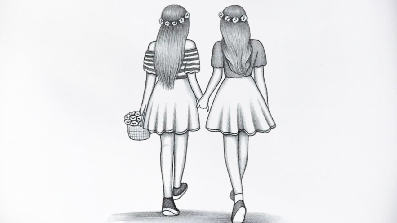 Two best friend girl drawing / drawing pictures girl best friend easy / Friendship day drawing 