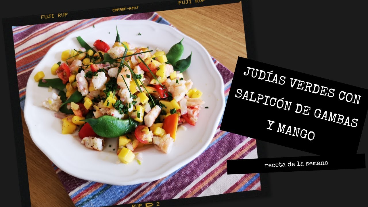 Ensalada de judías verdes con salpicón de hortalizas y gambas