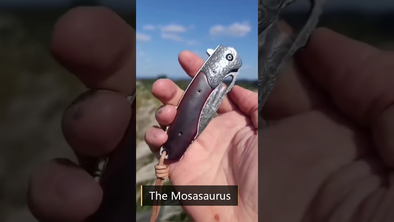 Mosasaurus Damascus Steel Folding Knife