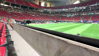 THIS IS THE VIEW FROM FRONT ROW SEAT 8 SECTION 111 AT THE MERCEDES BENZ STADIUM.