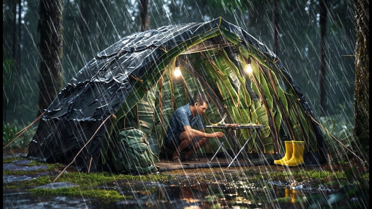 Camping in a Thunderstorm // Struggling to build a shelter in the rain ...