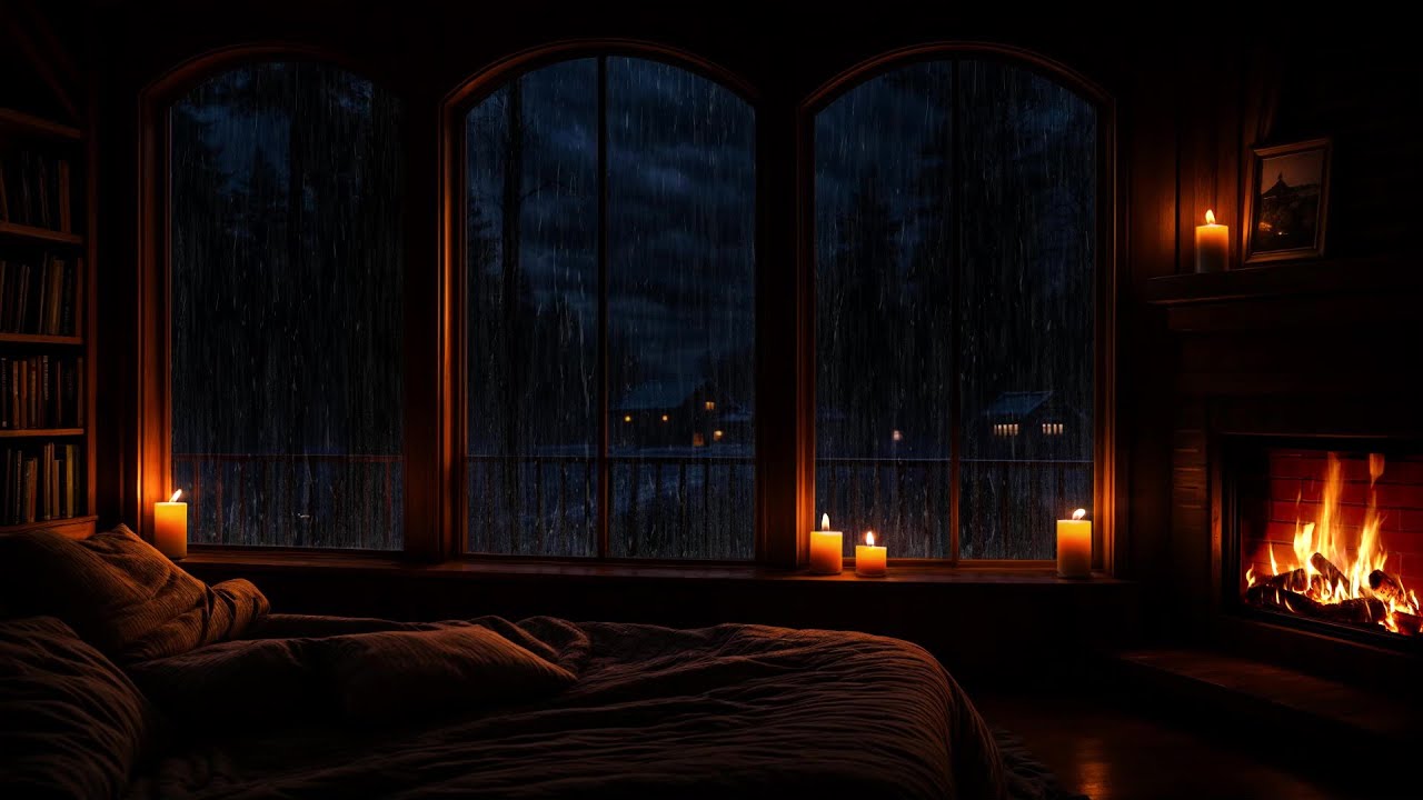 Cozy Cabin Ambience - Rain and Fireplace Sounds at Night for Sleep ...