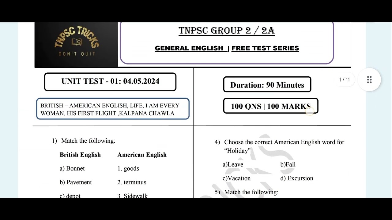 Unit Test - 01 PDF| General English Free Test Series | TNPSC Group 2 ...