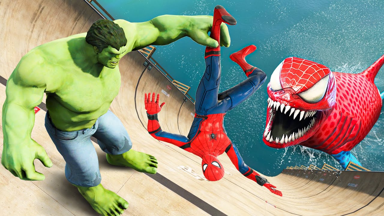 GTA 5 Water Ragdolls Spiderman and Hulk vs Spider-Shark (Ragdolls/Euphoria Physics)